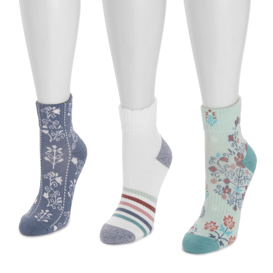 Muk Luks 3 Pack Cotton Compression Mini Crew Ankle Socks